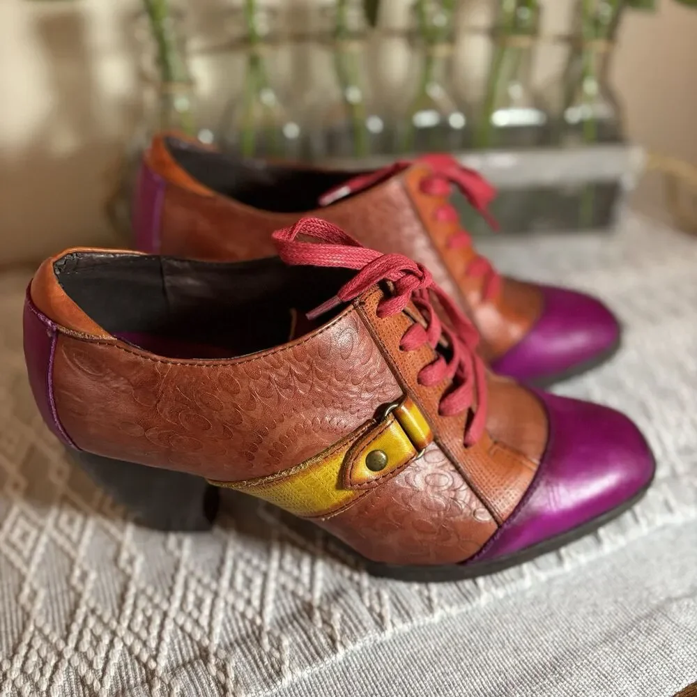 SOCOFY Multi-color  Embossed  Lace Up Ankle Retro/Vintage  Pumps ‎ sz39 (8-8.5). - Picture 2 of 10